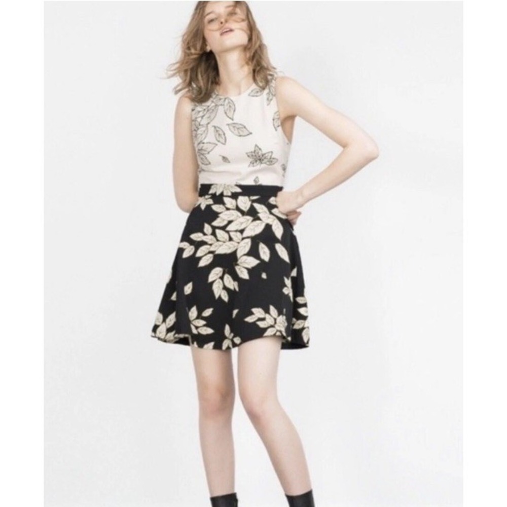 Zara Leaf Print Dress Sz XS Black & Cream‎ Preppy A-Line Colorblock Minimalist